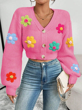 Essnce 1 pieza cardigan casual de manga larga con botones al frente y bordado floral