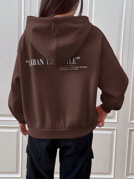 Ezwear sudadera con capucha de punto de manga larga con caida en los hombros y estampado de lema, otono/invierno para mujer