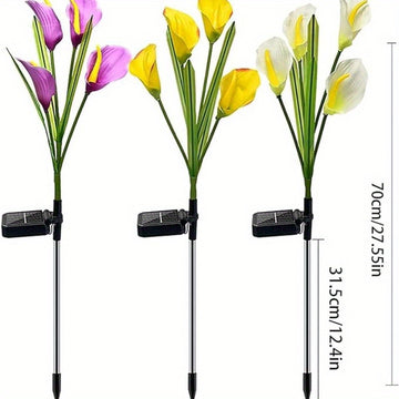 1 lámpara solar de flor de cala LED, decoración vibrante para jardín con luces verde, azul, roja y naranja, ideal para patio, césped, cerca o entrada, carga solar eficiente, luces decorativas para exteriores | Lámpara de jardín vibrante | Lámpara con car