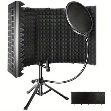 Escudo de Aislamiento de Micrófono de Grado Estudio con Soporte de Trípode - Espuma de Alta Densidad para Grabación Vocal, Barrera de Sonido Plegable, Compatible con la Mayoría de Micrófonos de Condensador