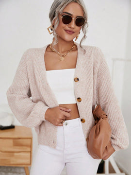 Frenchy cardigan de punto de manga larga, unicolor, con escote en v y botones frontales, versatil y casual