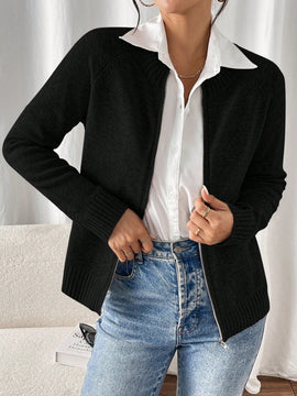 Essnce cardigan casual de mangas raglan con cierre delantero de cremallera, de unicolor, para otono/invierno