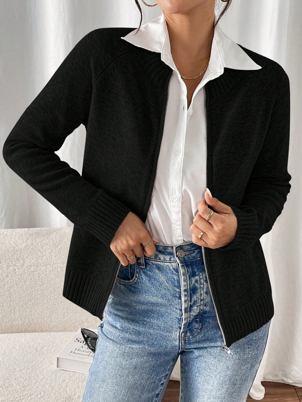 Essnce cardigan casual de mangas raglan con cierre delantero de cremallera, de unicolor, para otono/invierno