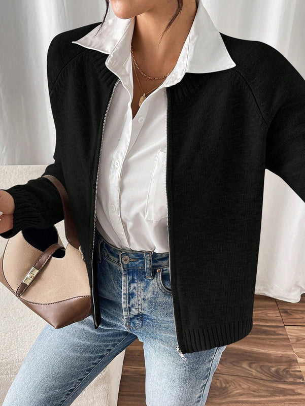 Essnce cardigan casual de mangas raglan con cierre delantero de cremallera, de unicolor, para otono/invierno