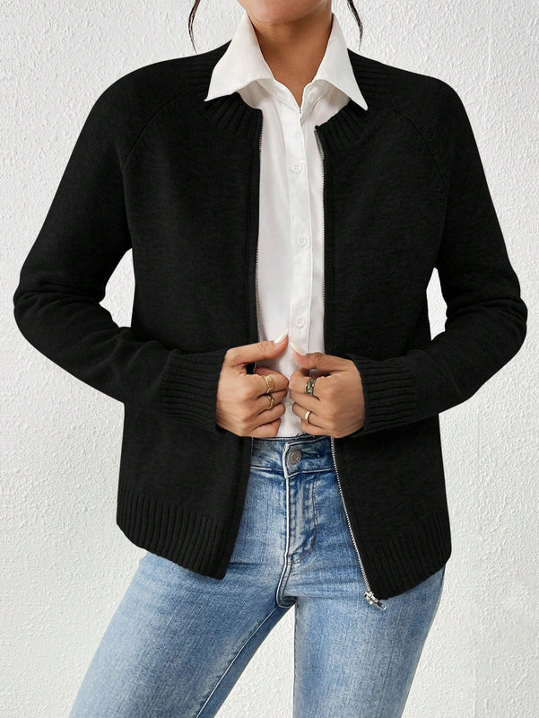Essnce cardigan casual de mangas raglan con cierre delantero de cremallera, de unicolor, para otono/invierno