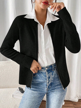 Essnce cardigan casual de mangas raglan con cierre delantero de cremallera, de unicolor, para otono/invierno