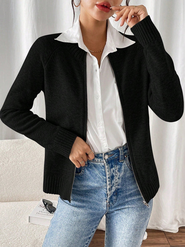Essnce cardigan casual de mangas raglan con cierre delantero de cremallera, de unicolor, para otono/invierno