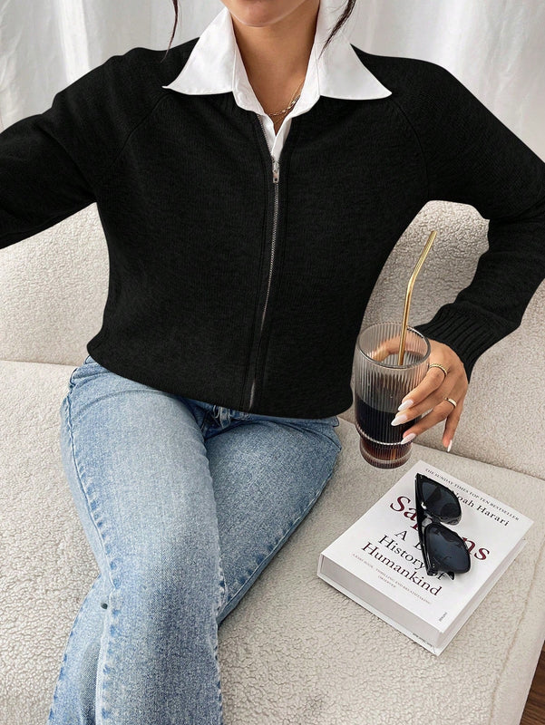 Essnce cardigan casual de mangas raglan con cierre delantero de cremallera, de unicolor, para otono/invierno