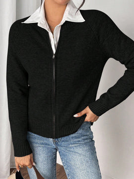 Essnce cardigan casual de mangas raglan con cierre delantero de cremallera, de unicolor, para otono/invierno