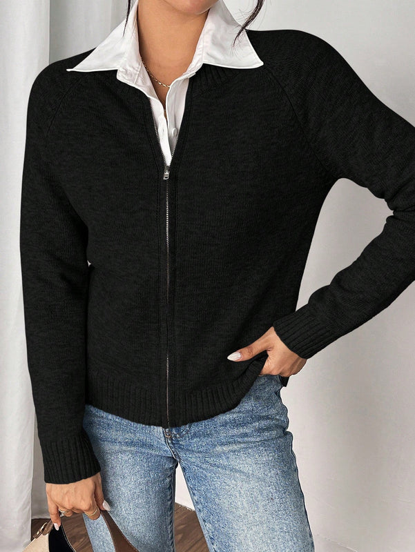 Essnce cardigan casual de mangas raglan con cierre delantero de cremallera, de unicolor, para otono/invierno
