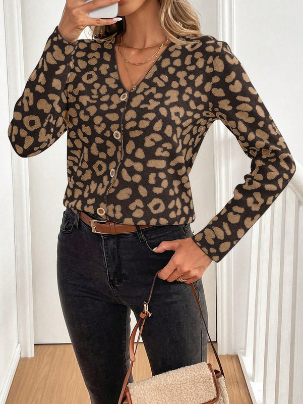 Lune cardigan de mujer con estampado de leopardo, cuello en v, manga larga y abotonadura sencilla, para otono/invierno