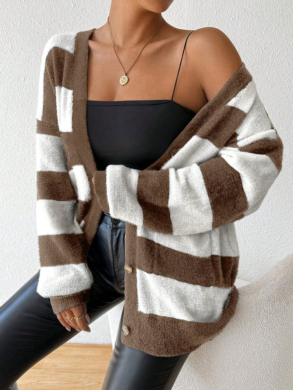 Essnce nuevo cardigan de mujer de punto de imitacion de vison cachemira a rayas, para otono/invierno