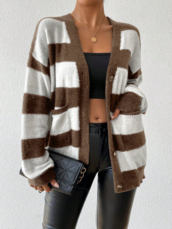 Essnce nuevo cardigan de mujer de punto de imitacion de vison cachemira a rayas, para otono/invierno