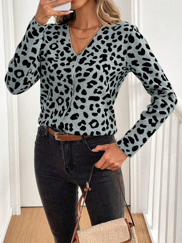 Lune cardigan de mujer con estampado de leopardo, cuello en v, manga larga y abotonadura sencilla, para otono/invierno