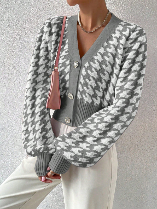 Essnce cardigan casual de mujer con botones y mangas de farol, dobladillo ancho y estampado de pata de gallo