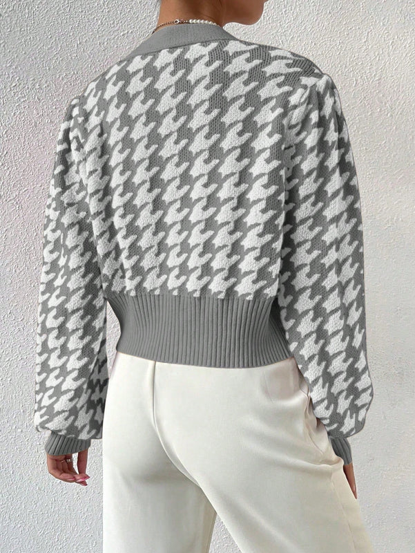 Essnce cardigan casual de mujer con botones y mangas de farol, dobladillo ancho y estampado de pata de gallo