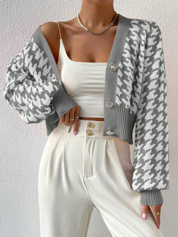 Essnce cardigan casual de mujer con botones y mangas de farol, dobladillo ancho y estampado de pata de gallo