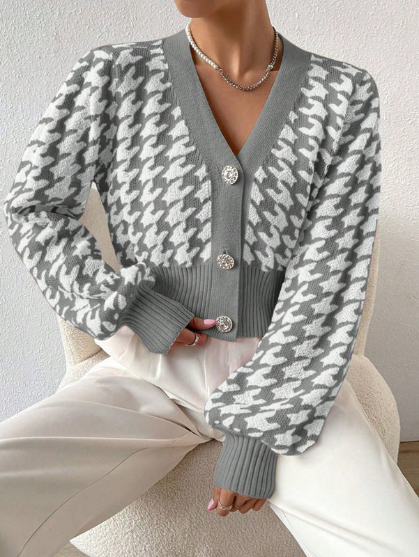 Essnce cardigan casual de mujer con botones y mangas de farol, dobladillo ancho y estampado de pata de gallo