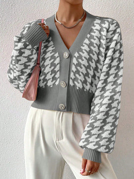 Essnce cardigan casual de mujer con botones y mangas de farol, dobladillo ancho y estampado de pata de gallo