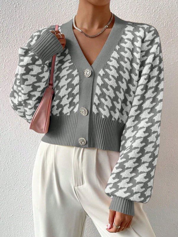 Essnce cardigan casual de mujer con botones y mangas de farol, dobladillo ancho y estampado de pata de gallo