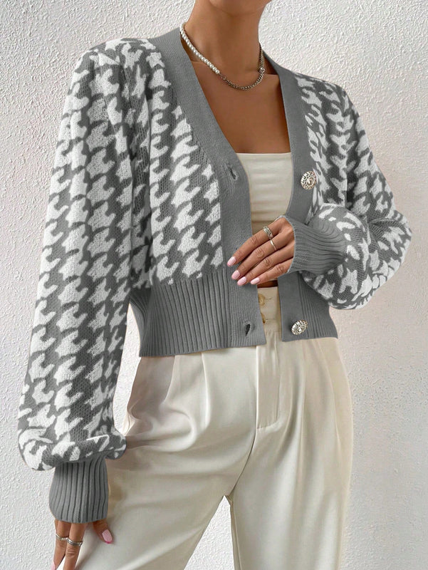 Essnce cardigan casual de mujer con botones y mangas de farol, dobladillo ancho y estampado de pata de gallo