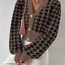 Essnce cardigan casual de mujer con botones y mangas de farol, dobladillo ancho y estampado de pata de gallo