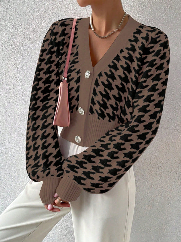 Essnce cardigan casual de mujer con botones y mangas de farol, dobladillo ancho y estampado de pata de gallo