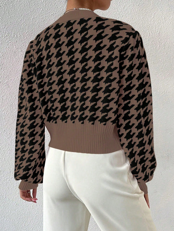 Essnce cardigan casual de mujer con botones y mangas de farol, dobladillo ancho y estampado de pata de gallo