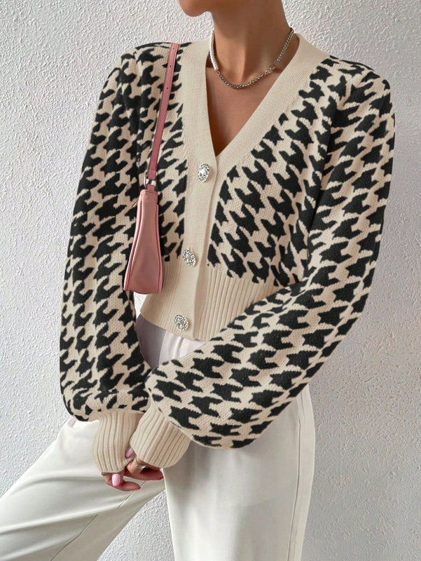 Essnce cardigan casual de mujer con botones y mangas de farol, dobladillo ancho y estampado de pata de gallo