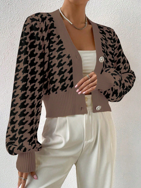 Essnce cardigan casual de mujer con botones y mangas de farol, dobladillo ancho y estampado de pata de gallo