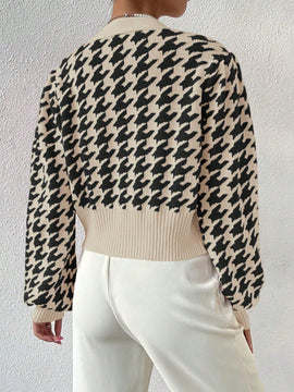 Essnce cardigan casual de mujer con botones y mangas de farol, dobladillo ancho y estampado de pata de gallo