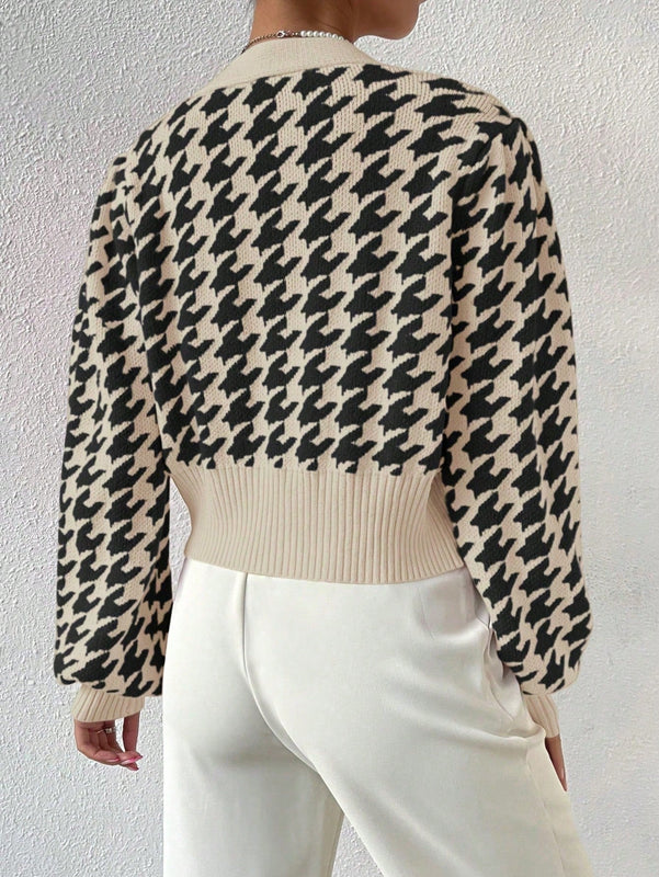 Essnce cardigan casual de mujer con botones y mangas de farol, dobladillo ancho y estampado de pata de gallo