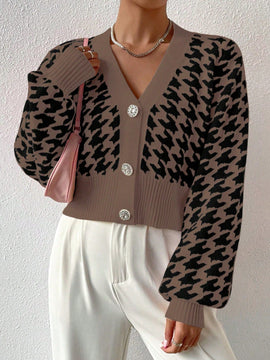 Essnce cardigan casual de mujer con botones y mangas de farol, dobladillo ancho y estampado de pata de gallo