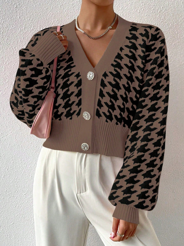 Essnce cardigan casual de mujer con botones y mangas de farol, dobladillo ancho y estampado de pata de gallo