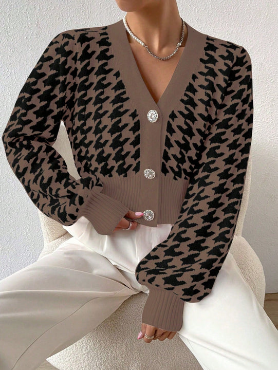 Essnce cardigan casual de mujer con botones y mangas de farol, dobladillo ancho y estampado de pata de gallo