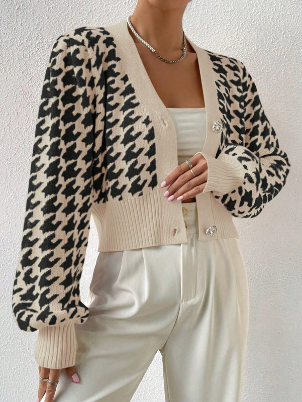 Essnce cardigan casual de mujer con botones y mangas de farol, dobladillo ancho y estampado de pata de gallo