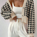 Essnce cardigan casual de mujer con botones y mangas de farol, dobladillo ancho y estampado de pata de gallo