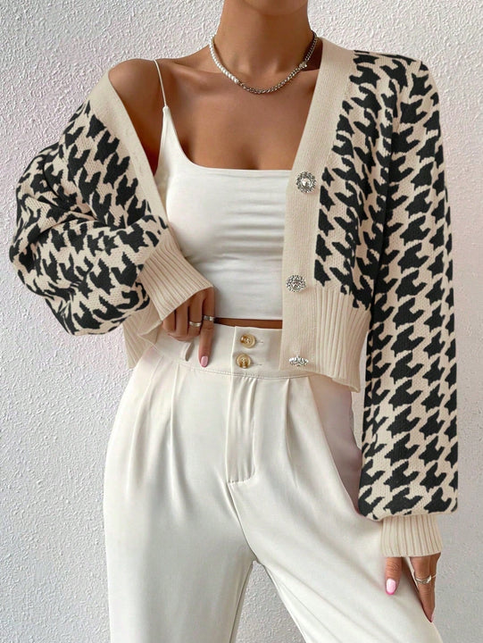 Essnce cardigan casual de mujer con botones y mangas de farol, dobladillo ancho y estampado de pata de gallo