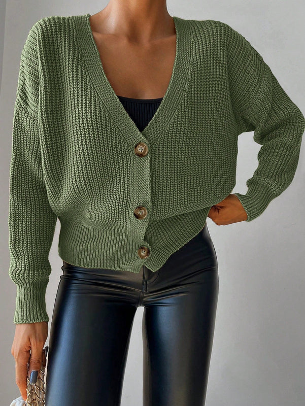 Cardigan casual de un solo botonadura de mangas largas y hombros caidos de unicolor para mujer, otono/invierno