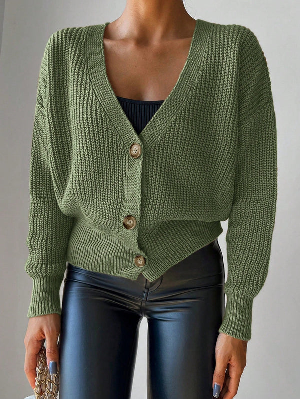 Cardigan casual de un solo botonadura de mangas largas y hombros caidos de unicolor para mujer, otono/invierno