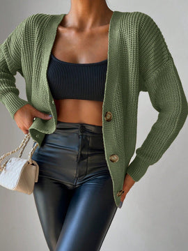 Cardigan casual de un solo botonadura de mangas largas y hombros caidos de unicolor para mujer, otono/invierno