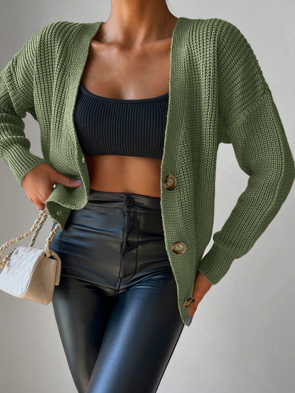 Cardigan casual de un solo botonadura de mangas largas y hombros caidos de unicolor para mujer, otono/invierno