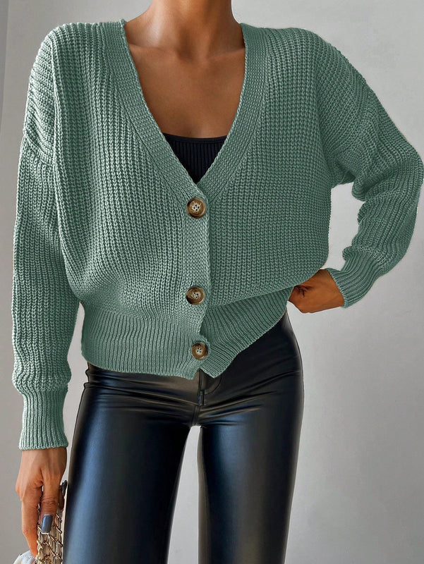 Cardigan casual de un solo botonadura de mangas largas y hombros caidos de unicolor para mujer, otono/invierno