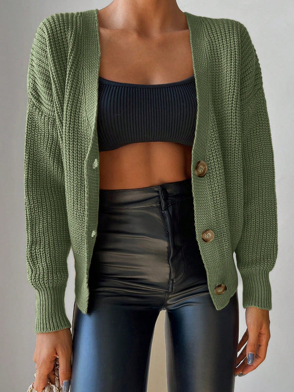 Cardigan casual de un solo botonadura de mangas largas y hombros caidos de unicolor para mujer, otono/invierno