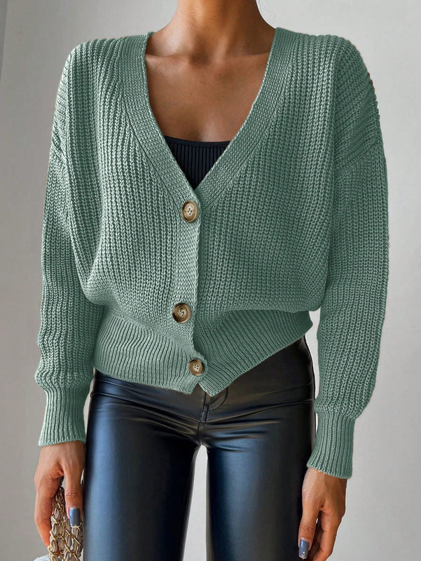 Cardigan casual de un solo botonadura de mangas largas y hombros caidos de unicolor para mujer, otono/invierno