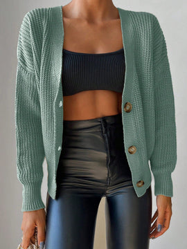 Cardigan casual de un solo botonadura de mangas largas y hombros caidos de unicolor para mujer, otono/invierno