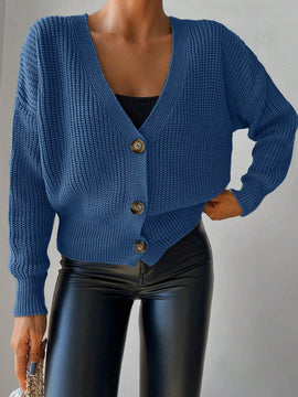 Cardigan casual de un solo botonadura de mangas largas y hombros caidos de unicolor para mujer, otono/invierno