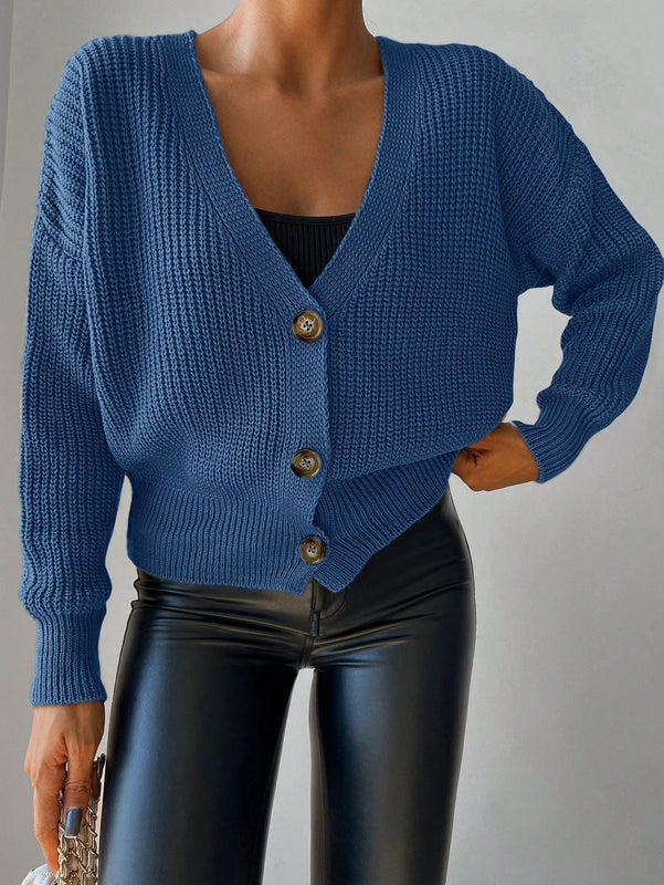 Cardigan casual de un solo botonadura de mangas largas y hombros caidos de unicolor para mujer, otono/invierno