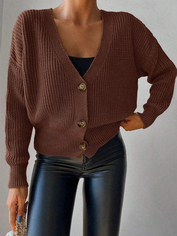 Cardigan casual de un solo botonadura de mangas largas y hombros caidos de unicolor para mujer, otono/invierno