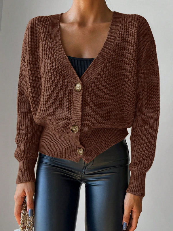 Cardigan casual de un solo botonadura de mangas largas y hombros caidos de unicolor para mujer, otono/invierno